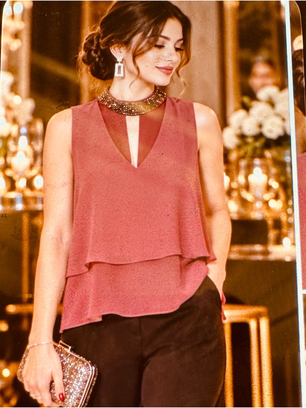 XOXO Sleeveless Layered V-Neck Camisole in Dusty Rose with Beaded Collar